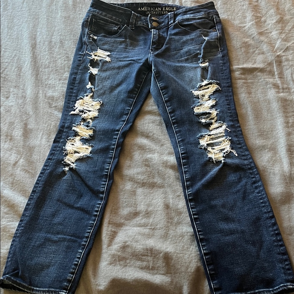 American Eagle Outfitters Women's Ripped Straight Leg Jeans - Dark Blue